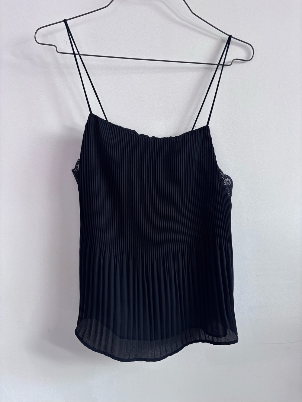 Flowy & Feminine Zara Black Pleated Lace-Trim Camisole- Size XS